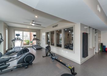 Attain on 5th apartment homes with Modern gym with treadmills, ellipticals, rowing machine, wall mirrors, and exercise mats on the floor.