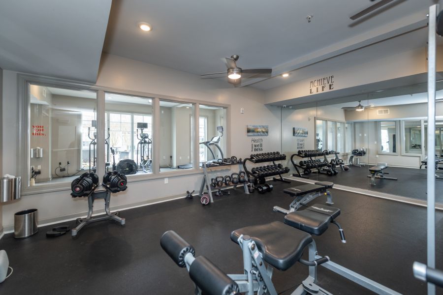 Modern gym room with dumbbells, benches, mirrors, and cardio equipment near large windows.